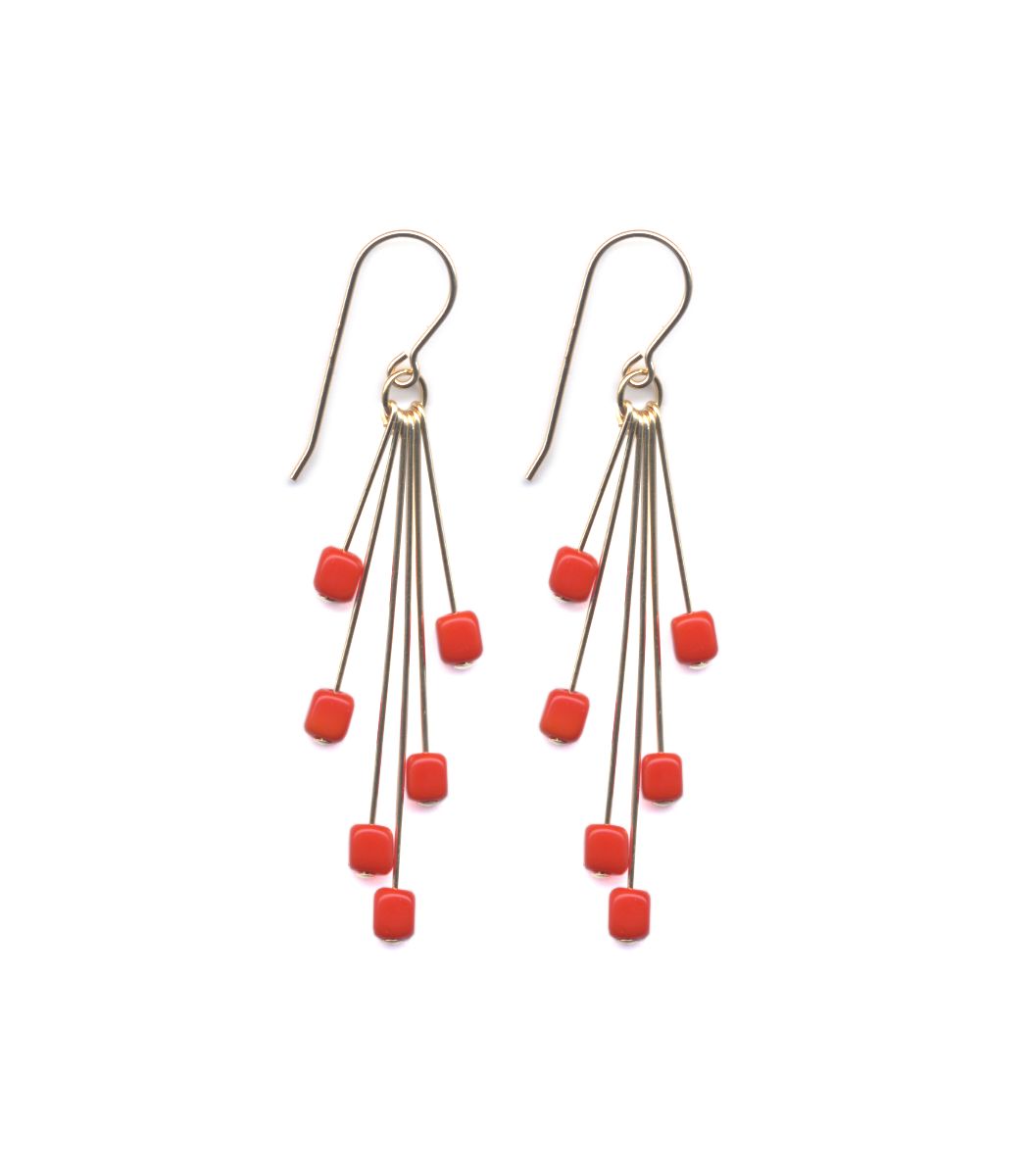 E1914 Red Square Cluster Earrings