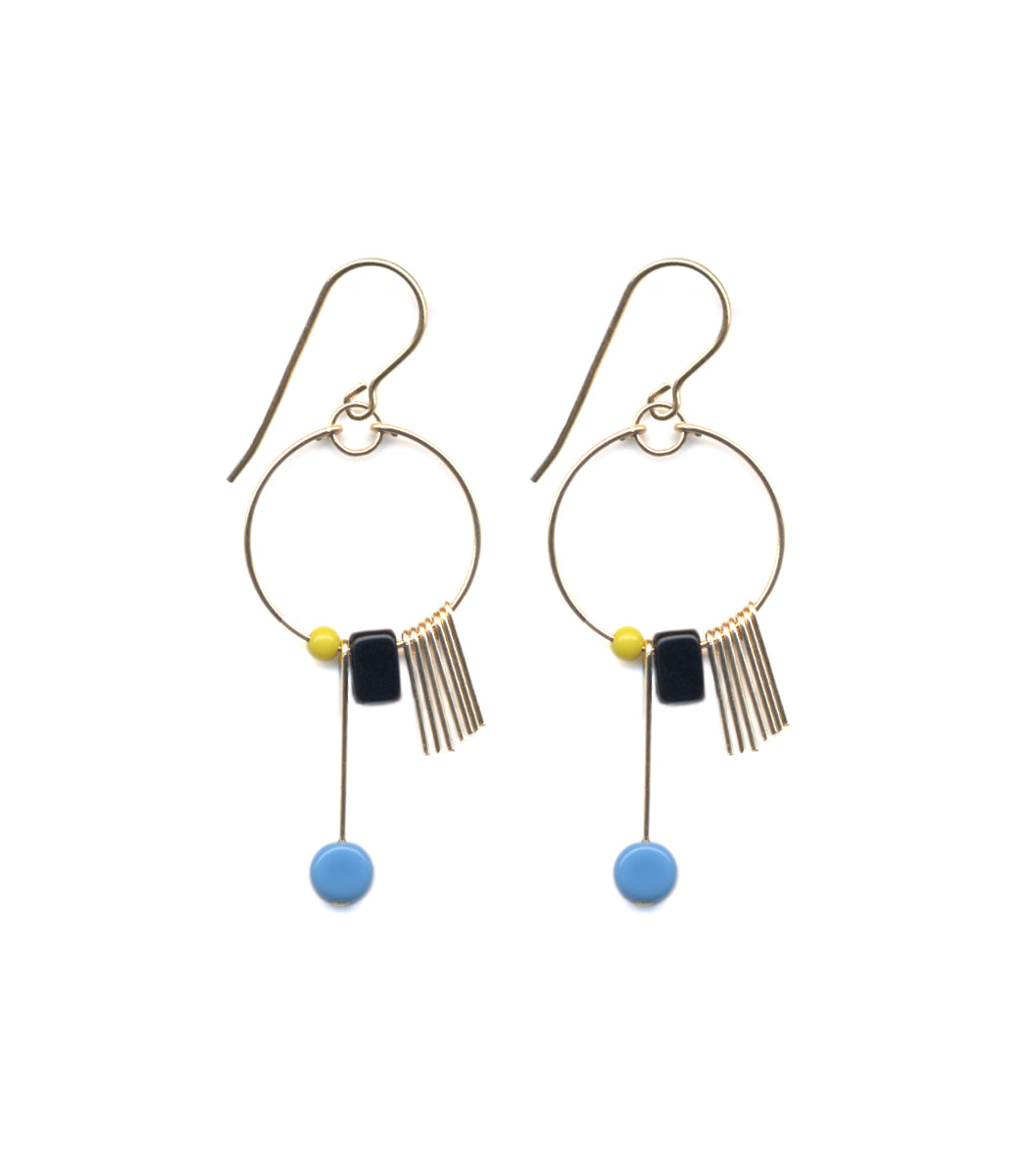 E1764 Blue and Gold Fringe Hoop Earrings