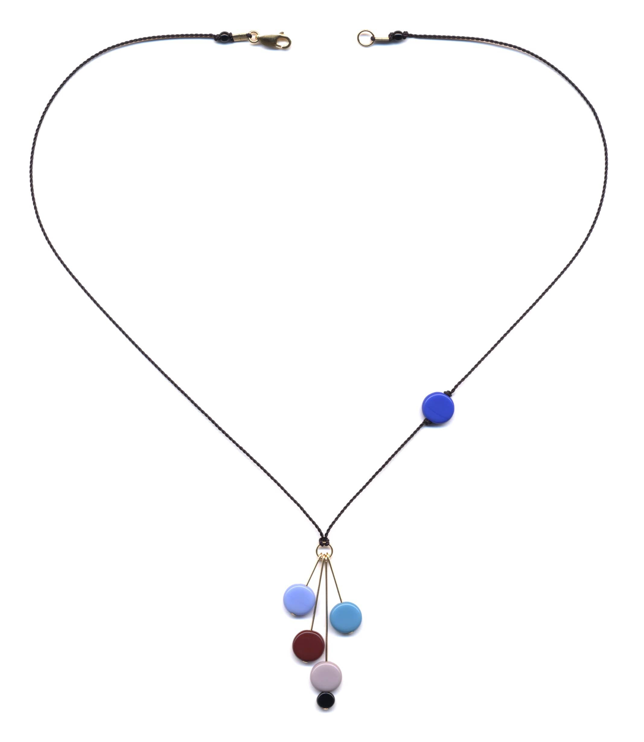 N0910B Blue Disks on Gold Pins Necklace